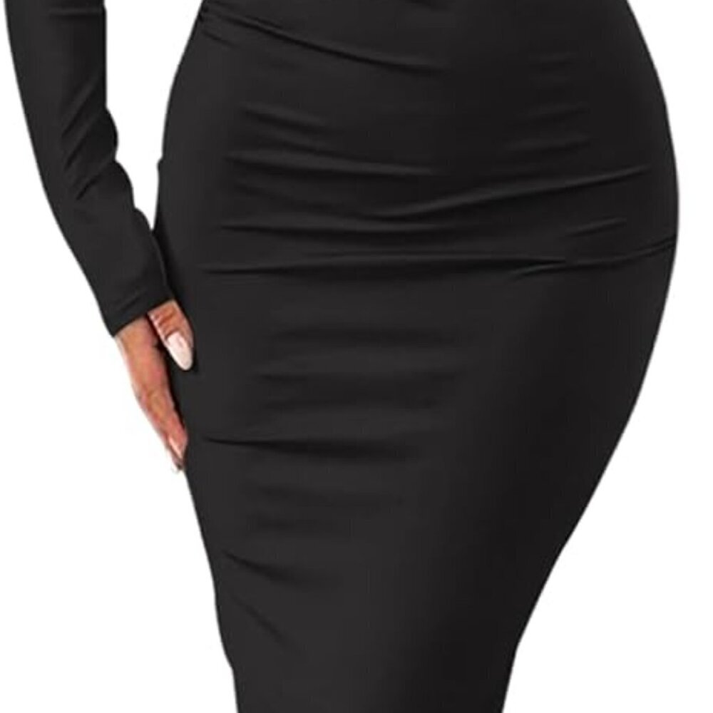 Women's Long Sleeve Bodycon Maxi Dress Crew Neck Ruched Slim Fit Party